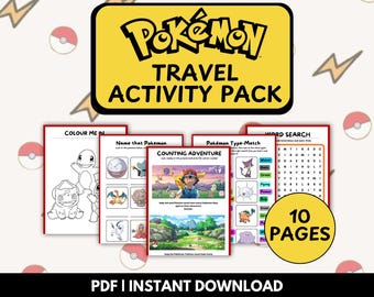 Lot d'activités inspirées des Pokémon pour enfants - Jeux amusants à imprimer pour les vols et les voyages sur la route Feuilles d'activités à imprimer pour les enfants