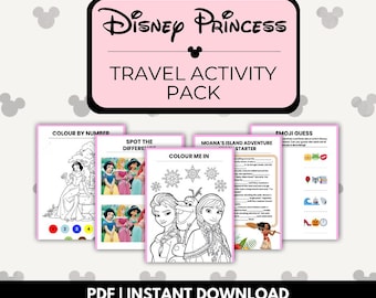 Op de afbeelding: Een printbaar Disney Princess reisactiviteitenpakket met vijf verschillende activiteiten: Kleuren op nummer, Spot the Difference, Kleur mij in, Moana's Island Adventure Starter en Emoji Guess. De activiteiten bevatten personages uit Disney's Frozen en Moana.