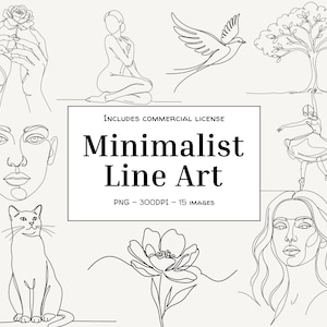 Minimalistische Line Art Clipart Bundle | Kontinuierliche Linienzeichnungen | Abstrakte Gesichter, Blumen, Yoga, Katze | Schwarz & Weiß