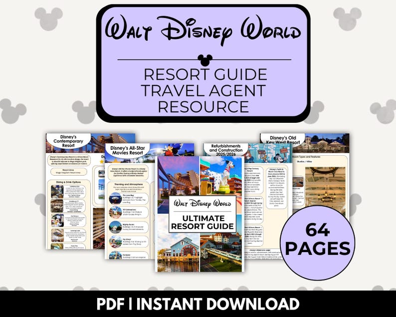 Peut inclure: Un guide imprimable pour les agents de voyages vers les h&ocirc;tels de Walt Disney World. Le guide comprend des informations sur le Disney's Contemporary Resort, le Disney's All-Star Movies Resort, les r&eacute;novations et les constructions, le Disney's Old Key West Resort, et plus encore. Le guide compte 64 pages et est disponible en t&eacute;l&eacute;chargement instantan&eacute;.
