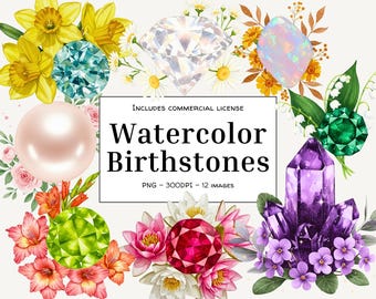 Birthstone & Flower PNG Clipart | Monthly Birthday Digital Art | Watercolor Floral Gemstone Clipart | Printable Birthday Design