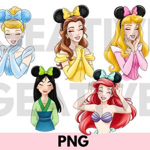 May include: Digital illustrations of five Disney princesses wearing mouse ear headbands with bows. Cinderella is in blue, Belle in yellow, Aurora in pink, Mulan in green, and Ariel with a purple seashell top. The word "PNG" is at the bottom.