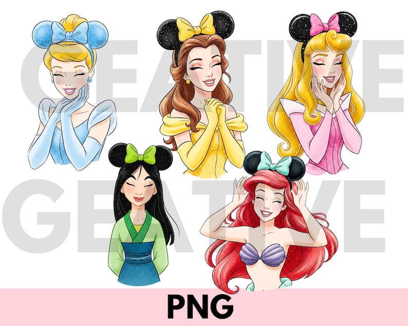 May include: Digital illustrations of five Disney princesses wearing mouse ear headbands with bows. Cinderella is in blue, Belle in yellow, Aurora in pink, Mulan in green, and Ariel with a purple seashell top. The word "PNG" is at the bottom.