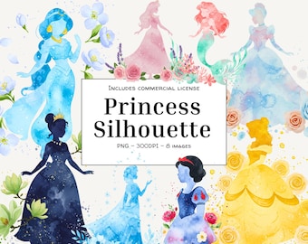 Princess Silhouettes  watercolor with Flowers  – Digital Artwork, Printable Wall Art, Pastel Designs, Princess Decor