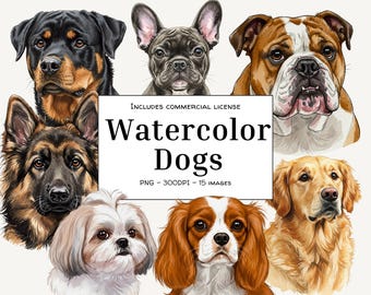 Watercolor Dog Clipart PNG – 15 Popular Dog Breeds – Digital Pet Art for Sublimation, Scrapbooking, Stickers & Printable Crafts