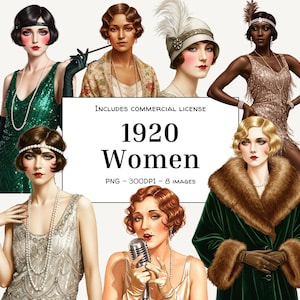 Bundle PNG pour femmes des années 1920 – Clipart aquarelle filles clapet, ère du jazz | Parfait pour la sublimation