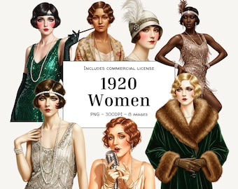 1920er Jahre Frauen PNG Bundle - Aquarell Flapper Girls Clipart, Jazz age | Perfekt für Sublimation