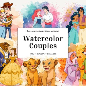 Paquete de imágenes prediseñadas PNG de pareja en acuarela: 8 adorables diseños de personajes animados / Descarga digital para manualidades y proyectos de bricolaje