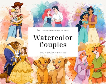Può includere: Illustrazioni ad acquerello di coppie di cartoni animati, tra cui Woody e Bo Peep, Ariel e il Principe Eric, Belle e la Bestia, Jasmine e Aladdin, Simba e Nala, e Robin Hood e Lady Marian. L'immagine include il testo "Watercolor Couples".