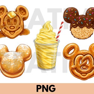 May include: Four different Mickey Mouse-shaped food items: a waffle with syrup, a pretzel, a chocolate-covered rice crispy treat, and a yellow pineapple Dole Whip.