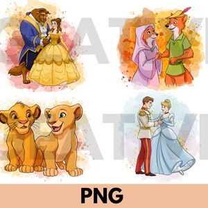 May include: Four watercolor illustrations of Disney characters. Belle and the Beast, Robin Hood and Maid Marian, Simba and Nala, and Cinderella and Prince Charming are depicted. The word "PNG" is at the bottom.
