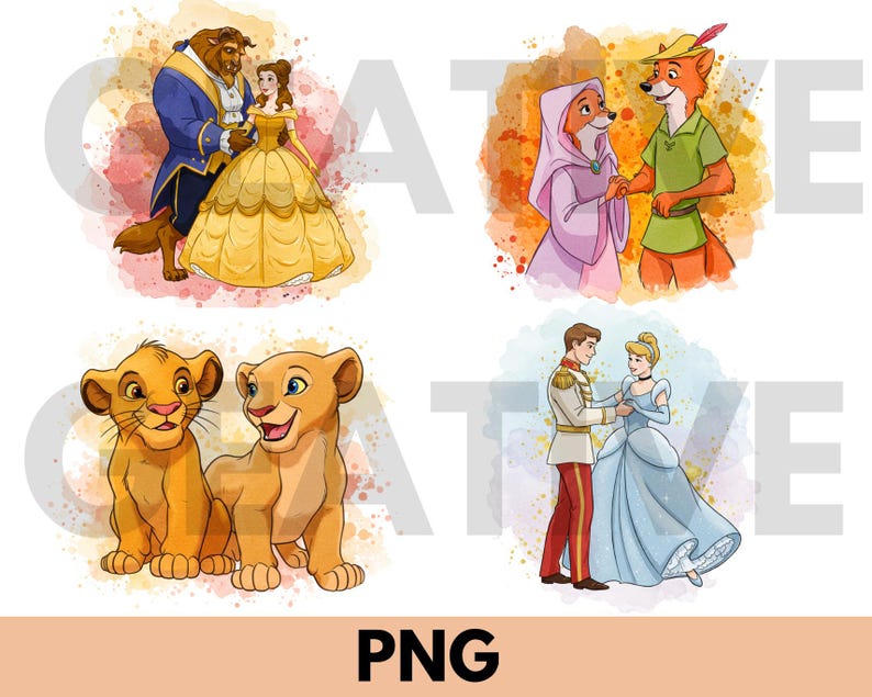 May include: Four watercolor illustrations of Disney characters. Belle and the Beast, Robin Hood and Maid Marian, Simba and Nala, and Cinderella and Prince Charming are depicted. The word "PNG" is at the bottom.