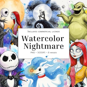 Pode incluir: Ilustração em aquarela com personagens de O Estranho Mundo de Jack. A imagem inclui Jack Skellington, Sally, Zero e Oogie Boogie, com o texto "Watercolor Nightmare". A obra é em estilo aquarela.