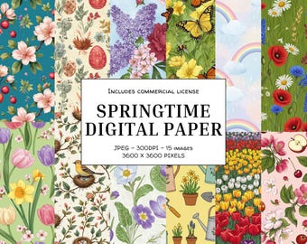 Spring Floral Digital Paper, Seamless Flower Patterns, Pastel Spring Scrapbook Paper, Watercolor Florals, Bee and Rainbow, Springtime