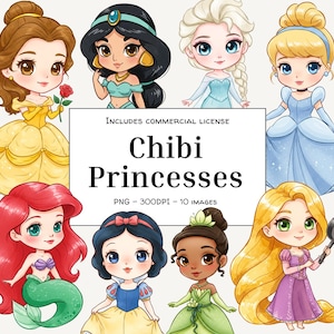 Chibi Princess Clipart Bundle: Watercolor PNGs (Digital Download)