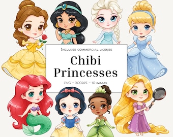 Bundle de cliparts princesse chibi : aquarelles PNG (téléchargement numérique)