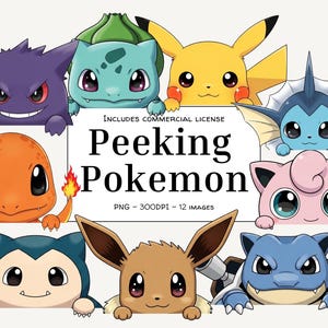 May include: A collection of cartoon Pokemon characters, including Pikachu, Bulbasaur, and Charmander, peeking over a white surface. The image includes the text "Peeking Pokemon" and details about the image file.