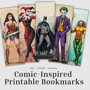 Puede incluir: Conjunto de cinco marcapáginas imprimibles inspirados en cómics, con Wonder Woman, Harley Quinn, Batman, The Joker y Aquaman. Cada marcapáginas muestra una ilustración de cuerpo entero del personaje. El texto "Comic-Inspired Printable Bookmarks" está en la parte inferior.