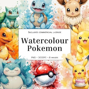 Paquete de imágenes prediseñadas de acuarela de criaturas adorables / 8 PNG digitales / Arte adorable para invitaciones y proyectos de bricolaje
