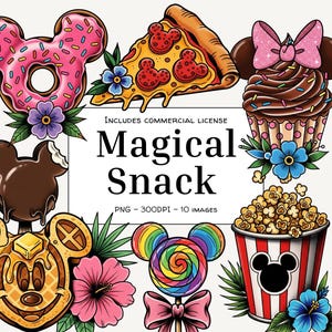 Może przedstawiać: Kolekcja fantazyjnych ilustracji jedzenia, w tym różowy pączek, kawałek pizzy, babeczka, popcorn i lizak, wszystkie w stylu kreskówkowym. Obecny jest również tekst "Magical Snack".