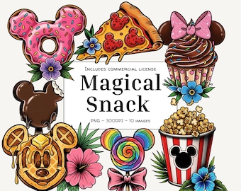 Lot de tatouages flash Neotraditional Magical Snack | Art culinaire de parc à thème | Friandises pour souris SVG PNG |  Donut pizza gaufres et bretzel Mickey