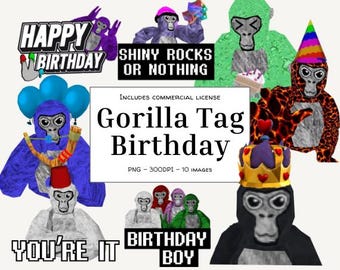 Gorilla Tag Birthday PNGs | Digital Clipart Files | VR Monkey Game Stickers, Shirts & Party Decor