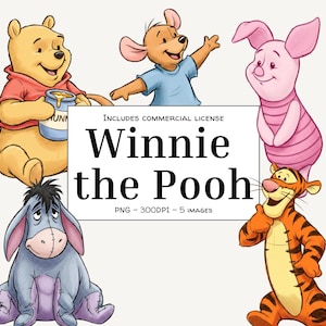 Könnte beinhalten: Eine digitale Illustration von Winnie Puuh und seinen Freunden. Das Bild zeigt Winnie Puuh, Ferkel, Tiger, Eeyore und Kanga. Der Text "Winnie the Pooh" wird auf weißem Hintergrund angezeigt. Das Bild ist mit "PNG - 300DPI - 5 IMAGES" beschriftet.
