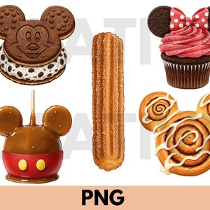 May include: A set of five Disney-themed treats, including a Mickey Mouse ice cream sandwich, a churro, a cupcake with red frosting and a white bow, a caramel apple with Mickey Mouse ears, and a cinnamon roll with white frosting and Mickey Mouse ears.