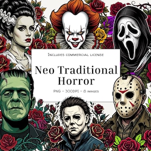 May include: A digital collection of eight horror-themed illustrations featuring iconic characters like Frankenstein's monster, a clown, a masked figure, and a ghost face, all surrounded by red roses. Text reads: Includes Commercial License Neo Traditional Horror PNG - 300DPI - 8 Images.
