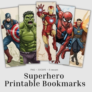 以下が含まれることがあります： キャプテン・アメリカ、ハルク、アイアンマン、スパイダーマン、ドクター・ストレンジをフィーチャーした、印刷可能なブックマーク。各ブックマークは、アクション中のスーパーヒーローの全身イラストを展示しています。「Superhero Printable Bookmarks」のテキストが下に表示されています。