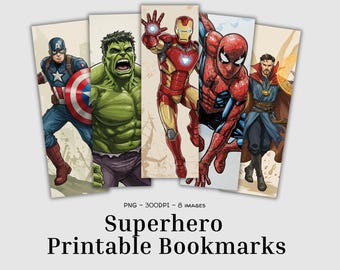 Superhero Printable Bookmarks | Classic Characters  | PNG Sublimation | Book Lover Gift | Junk Journal Tags | Scrapbook Images