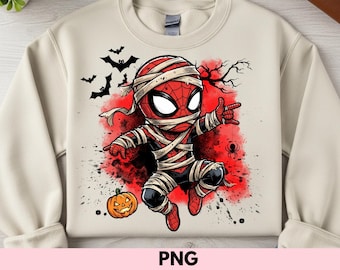 Image PNG de momie araignée pour Halloween, motif à carreaux rétro pour t-shirt garçon, téléchargement numérique par sublimation pour enfants, image de super-héros araignée à imprimer.