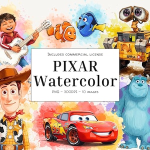 Watercolor Movie-Inspired Clipart PNG Bundle – 10 Cute Animated Character Designs | Digital Download for Crafts & DIY Projects