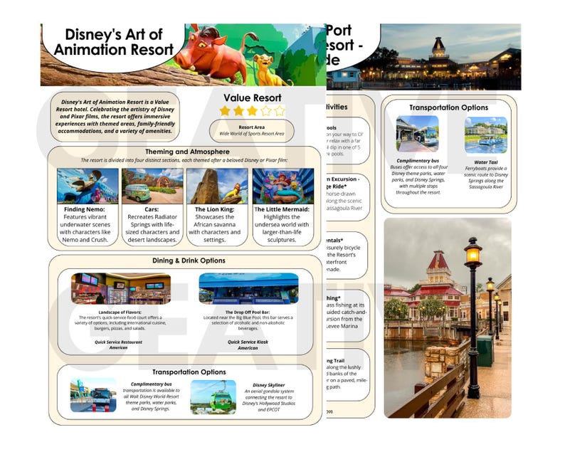 Peut inclure: Une brochure color&eacute;e pour le Disney's Art of Animation Resort, avec des images de Nemo, Cars, Le Roi Lion et La Petite Sir&egrave;ne. La brochure met en avant la th&eacute;matique du resort, ses options de restauration et de transport.