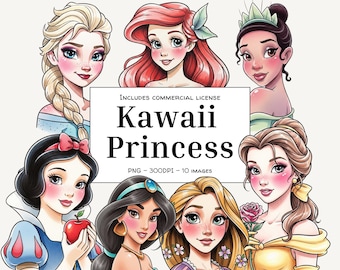 Kawaii Princess Clipart PNG Bundle, Mouse Ears PNG, Watercolor Sparkle Glitter Stickers, Theme Park Shirt Design, Digital Download
