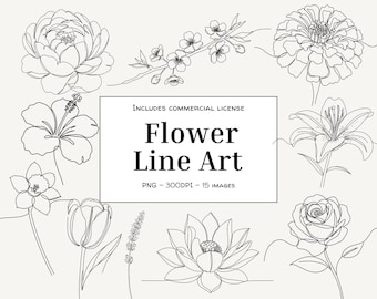 Bloemlijnkunstbundel | Doorlopende lijntekeningen | Elegante bloemenillustraties | Zwart-witte png-clipart