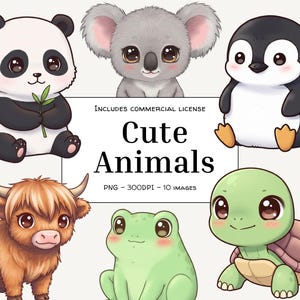Clipart de animales kawaii: adorables crías de animales, pegatinas troqueladas, paquete de animales de dibujos animados: vaca de las Tierras Altas, zorro, panda y rana.