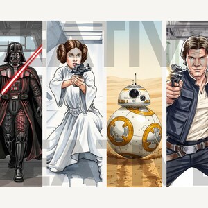 May include: Four Star Wars character illustrations: Darth Vader with a red lightsaber, Princess Leia holding a blaster, BB-8 droid, and Han Solo with a blaster. Each character is depicted in a vertical panel with a unique background.