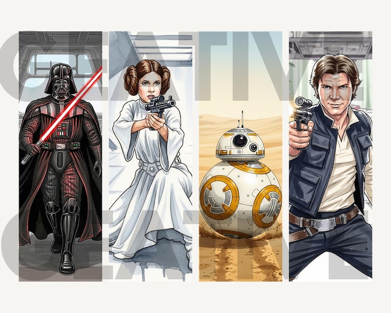 May include: Four Star Wars character illustrations: Darth Vader with a red lightsaber, Princess Leia holding a blaster, BB-8 droid, and Han Solo with a blaster. Each character is depicted in a vertical panel with a unique background.