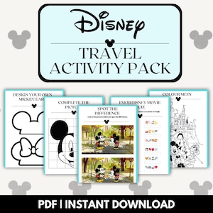 May include: A printable Disney travel activity pack with black and white illustrations of Mickey Mouse and the Disney castle. The pack includes activities like designing your own Mickey ears, completing a picture, spotting the difference, and a Disney movie emoji quiz.