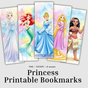 Könnte beinhalten: Set aus fünf druckbaren Lesezeichen mit Aquarellillustrationen von Disney-Prinzessinnen. Jedes Lesezeichen zeigt eine andere Prinzessin, darunter Elsa, Arielle, Cinderella, Rapunzel und Moana, vor einem farbenfrohen Hintergrund. Der Text "Princess Printable Bookmarks" steht unten.