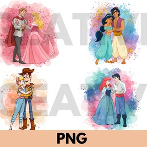 May include: Four colorful watercolor illustrations of animated couples. The couples include a princess in a pink gown with a prince, a couple in teal and gold outfits, a couple in blue and brown outfits, and a princess in a blue gown with a prince.