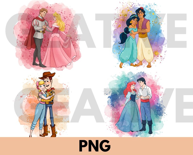 May include: Four colorful watercolor illustrations of animated couples. The couples include a princess in a pink gown with a prince, a couple in teal and gold outfits, a couple in blue and brown outfits, and a princess in a blue gown with a prince.