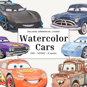 Autos Aquarell Clipart | Lightning McQueen Mater Jackson Sturm PNG | Druckbare Auto Charaktere |  8 Digitale PNGs | Party Dekor
