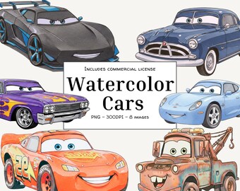 Cars Watercolor Clipart: Lightning McQueen, Mater (8 Digital PNGs)
