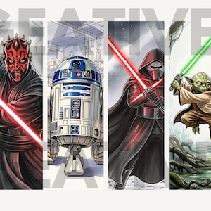 May include: Four vertical illustrations featuring characters from Star Wars. Darth Maul with a red lightsaber, R2-D2, Kylo Ren with a red lightsaber, and Yoda with a green lightsaber. The word "CREATIVE" is partially visible in the background.