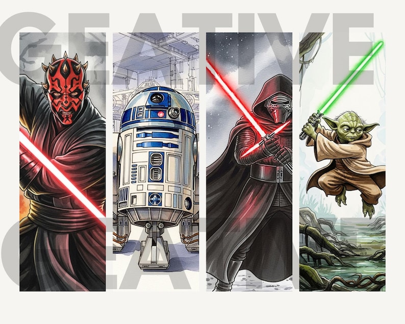 May include: Four vertical illustrations featuring characters from Star Wars. Darth Maul with a red lightsaber, R2-D2, Kylo Ren with a red lightsaber, and Yoda with a green lightsaber. The word "CREATIVE" is partially visible in the background.