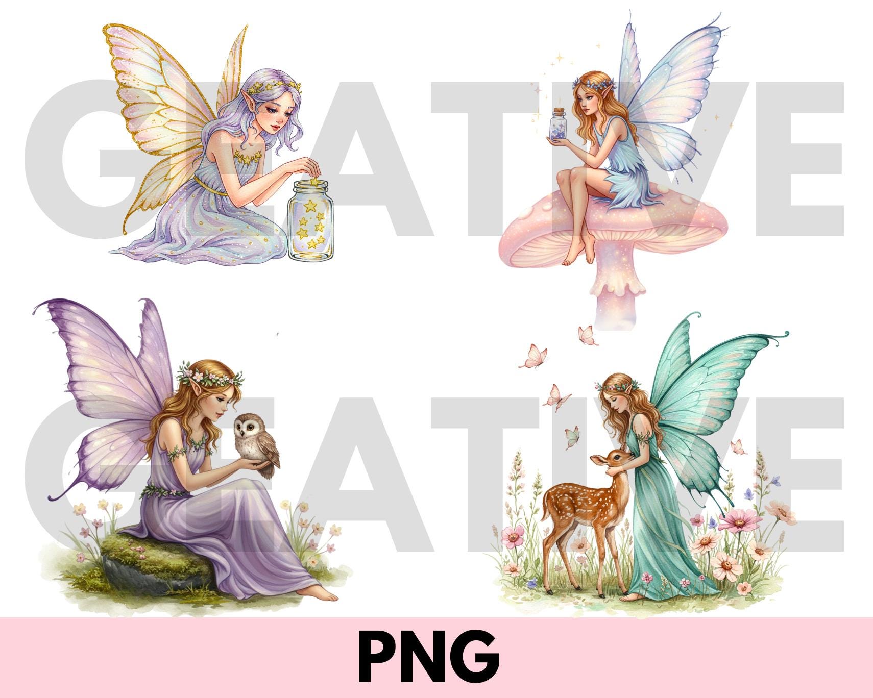 Watercolor Pastel Fairy Clipart Bundle: Whimsical PNG (digital Download ...