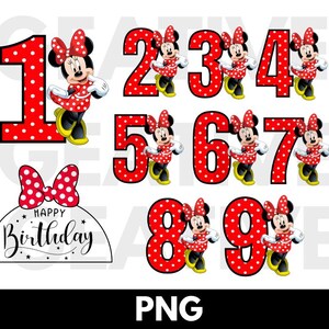Pode incluir: Números de 1 a 9 em bolinhas vermelhas e brancas com uma imagem de desenho animado da Minnie Mouse com um vestido vermelho com bolinhas brancas. Os números estão em um contorno branco. O texto "Happy Birthday" está em uma fonte cursiva preta com estrelas brancas.