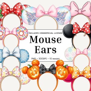Pode incluir: Uma coleção de tiaras Mouse Ears coloridas com vários designs, incluindo bengalas doces, donuts, um castelo, flocos de neve e abóboras. Cada tiara apresenta um laço e detalhes de orelhas circulares. O texto "Mouse Ears" é exibido no centro.